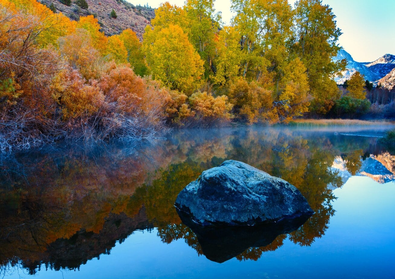 Morning mist and autumn reflections at Rush Creek, June Lake Loop, Eastern Sierra.