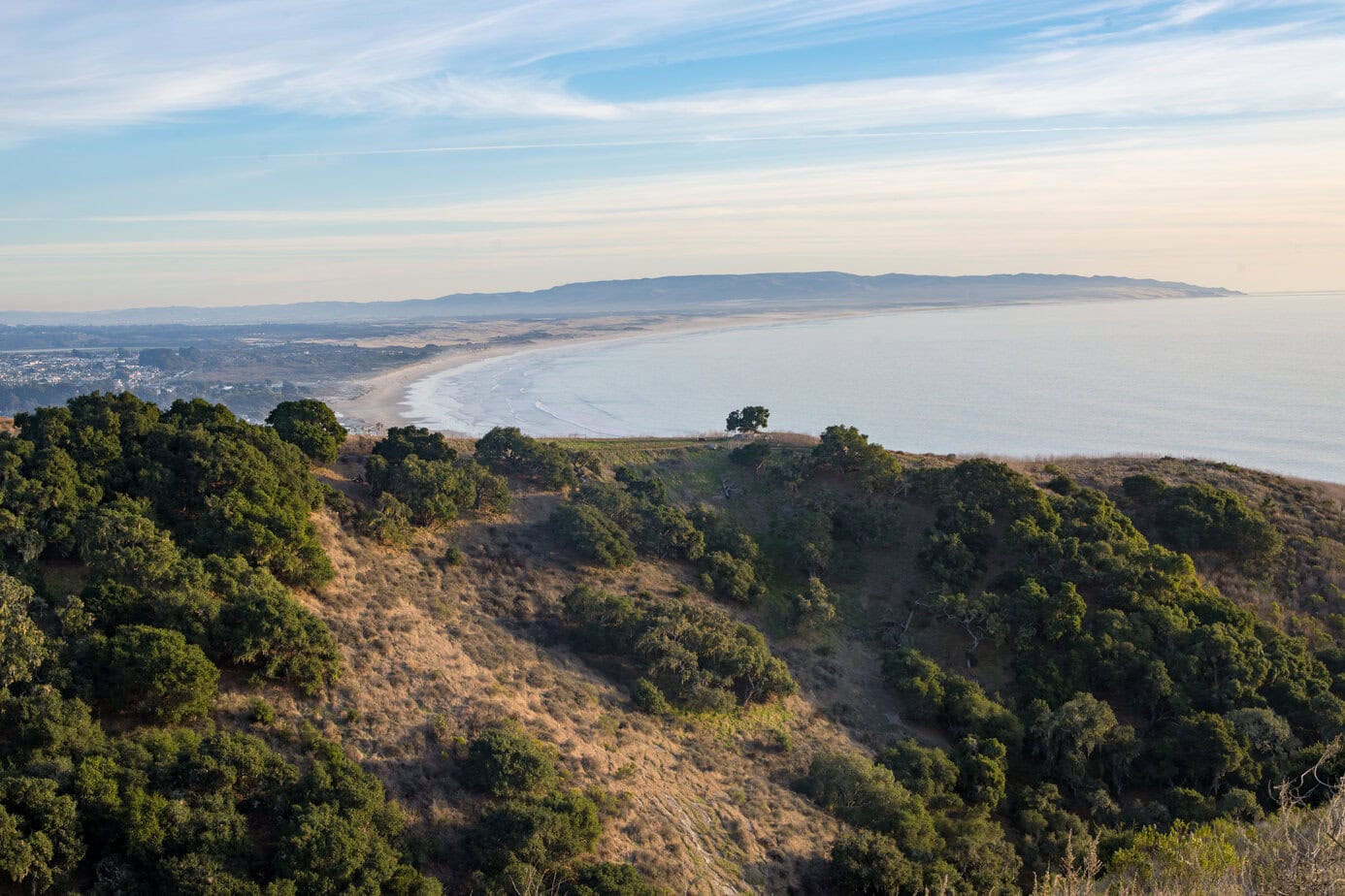 Hills and coastline view from Pismo Preserve with ocean in the distance