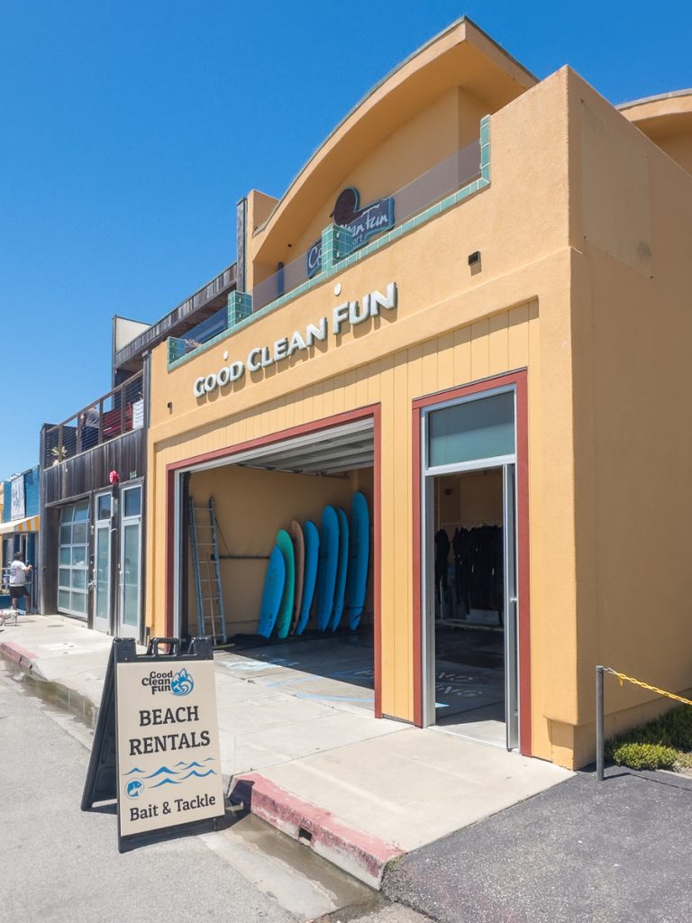 Good Clean Fun surf shop storefront with surfboard rentals in Cayucos, California.