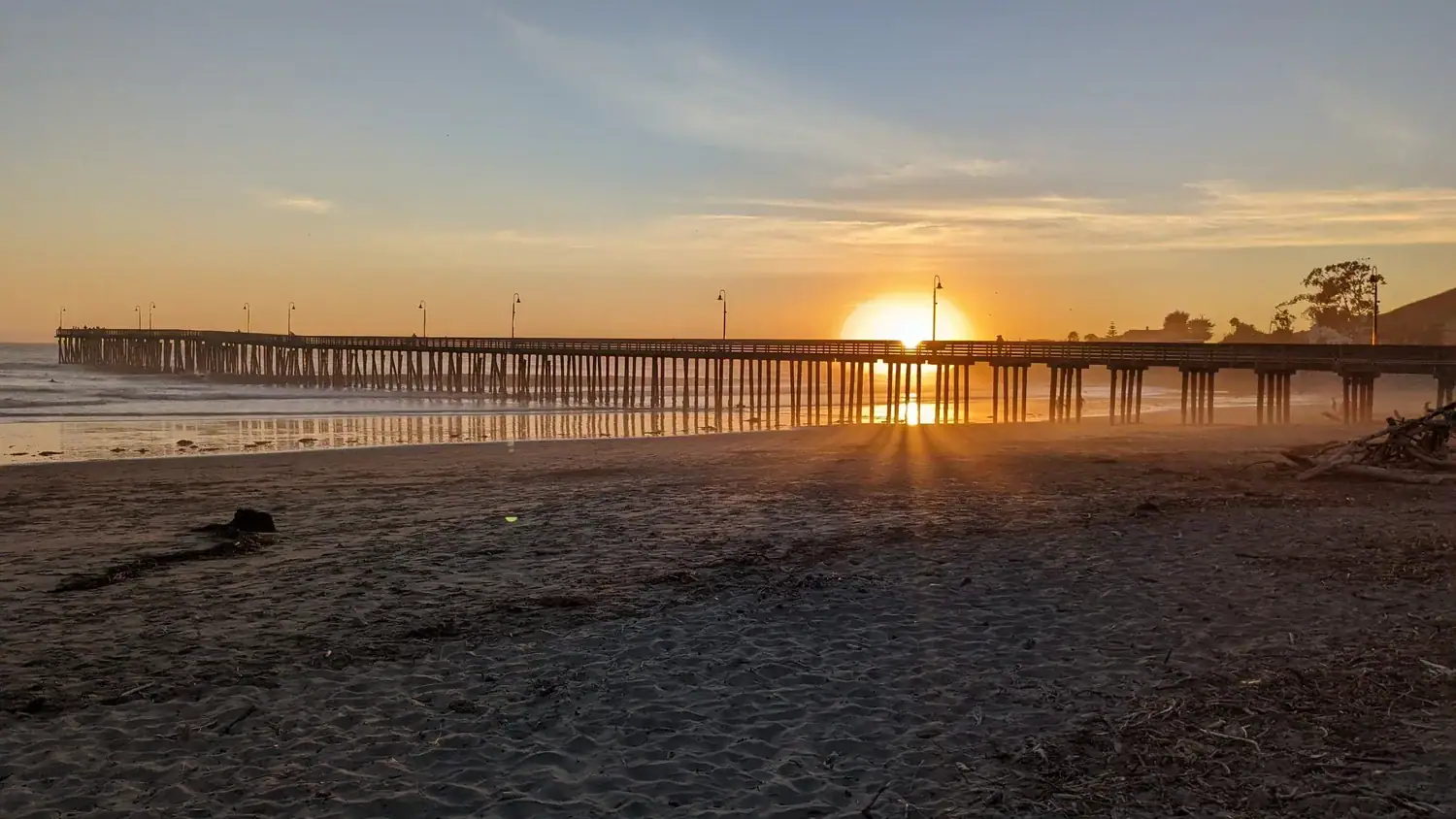 View of Cayucos Pier during sunset 