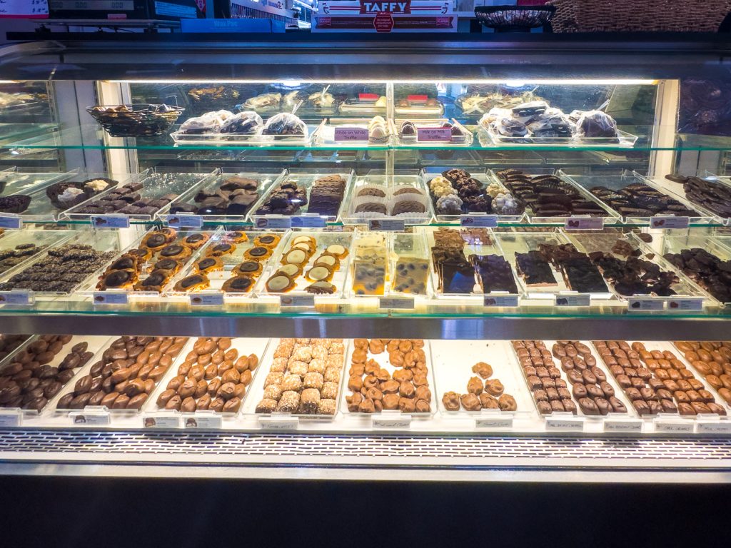 Assorted chocolates, truffles and candies in a display case at Cayucos Candy Counter in Cayucos, California.