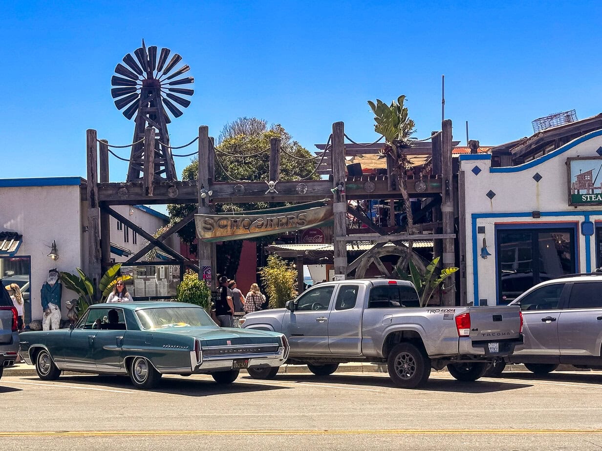 Schooners restaurant on Ocean Avenue in Cayucos with its rustic entrance and upstairs ocean-view deck.